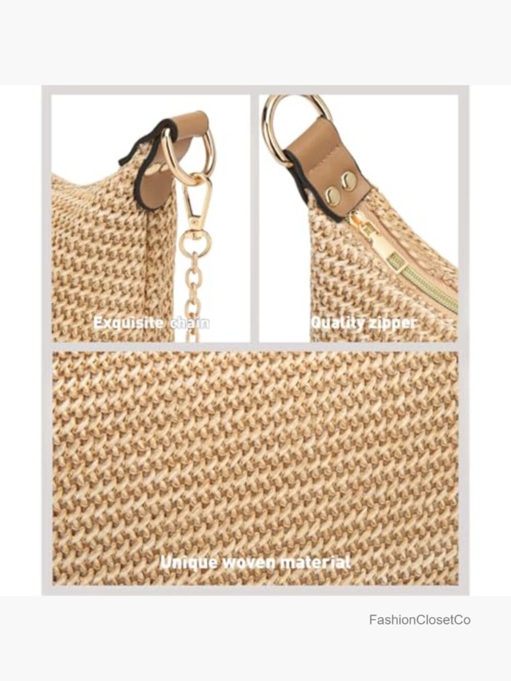 Straw Woven Small Tote Shoulder Handbag with Chain Strap - Picture 6 of 7